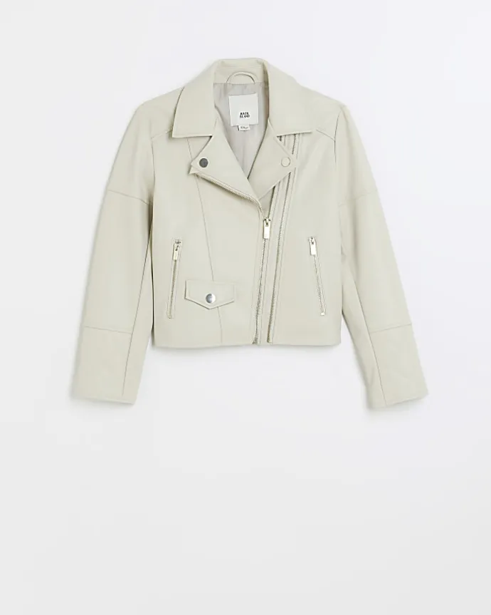 Girls Cream faux leather biker jacket