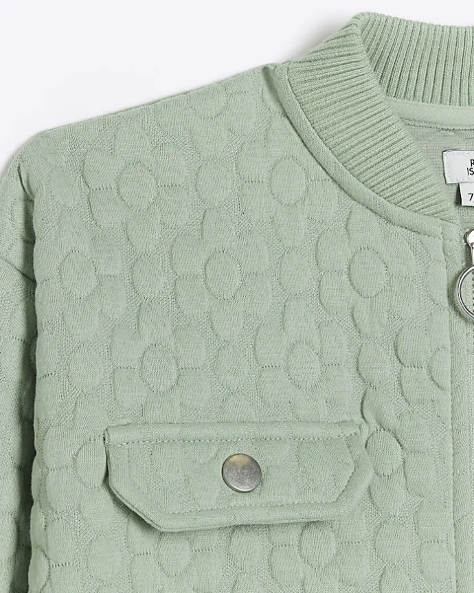 Girls green quilted daisy bomber jacket