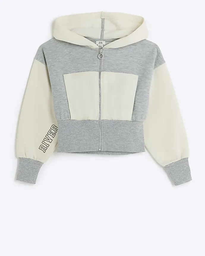 Girls grey colour block crop hoodie