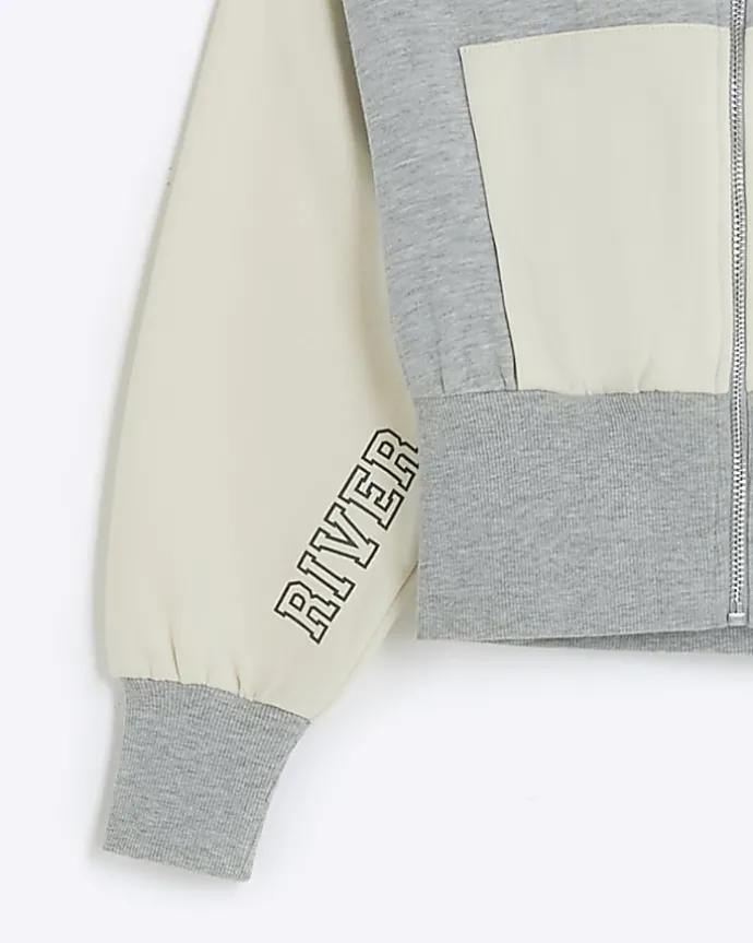 Girls grey colour block crop hoodie