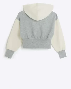 Girls grey colour block crop hoodie