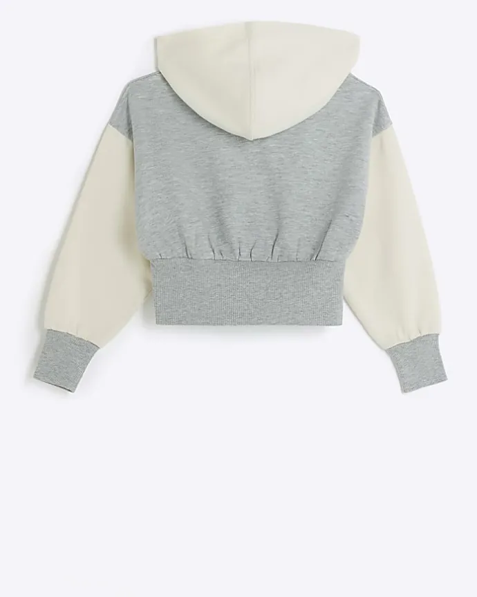 Girls grey colour block crop hoodie
