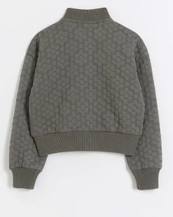 Girls grey floral quilted bomber jacket