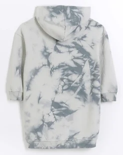 Girls grey tie dye hooded sweater dress