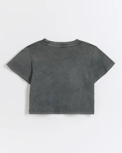 Girls grey washed graphic crop t-shirt