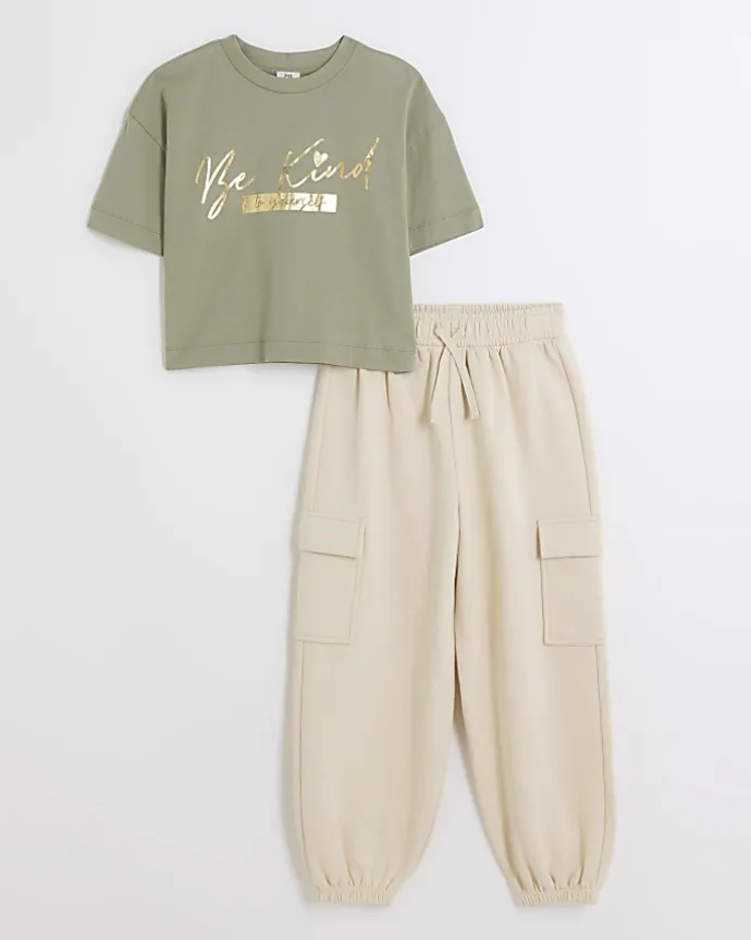 Girls khaki crop t-shirt and joggers set