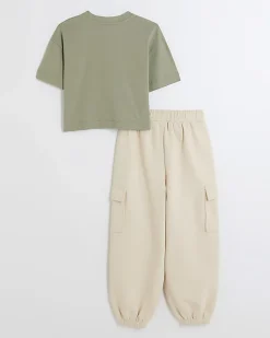 Girls khaki crop t-shirt and joggers set