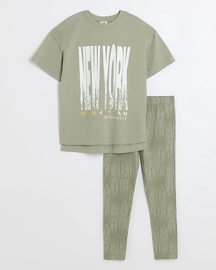 Girls khaki New York graphic t-shirt set