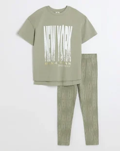 Girls khaki New York graphic t-shirt set