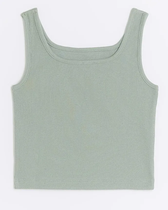 Girls khaki rib embroidered logo crop vest