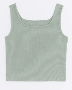 Girls khaki rib embroidered logo crop vest