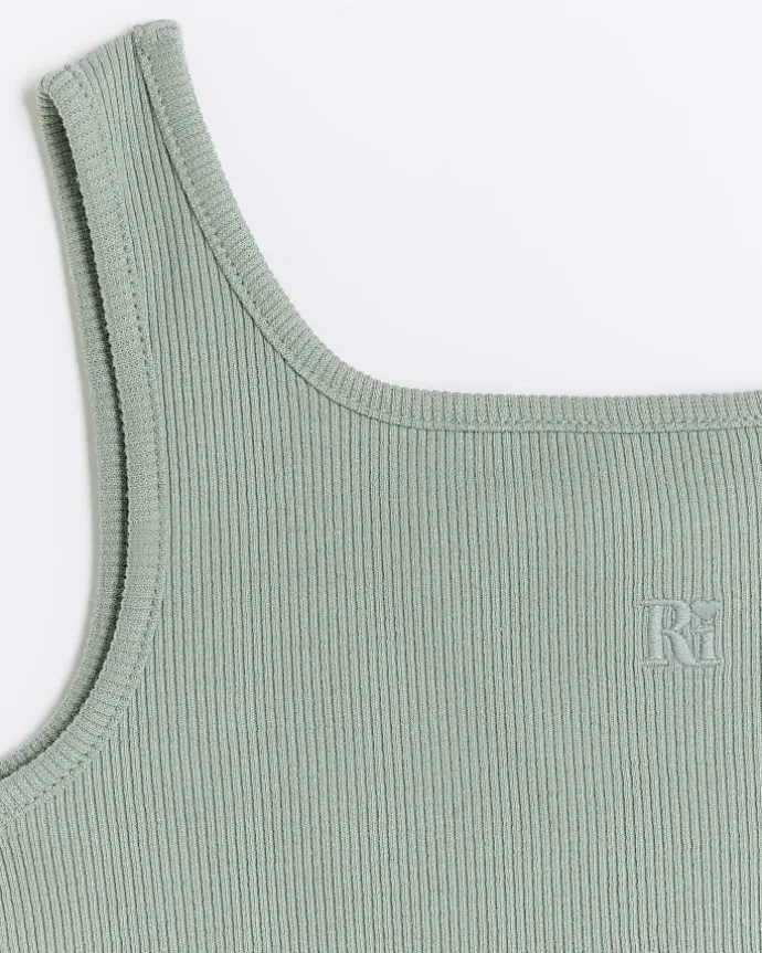 Girls khaki rib embroidered logo crop vest
