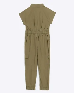Girls khaki utility jumpsuit