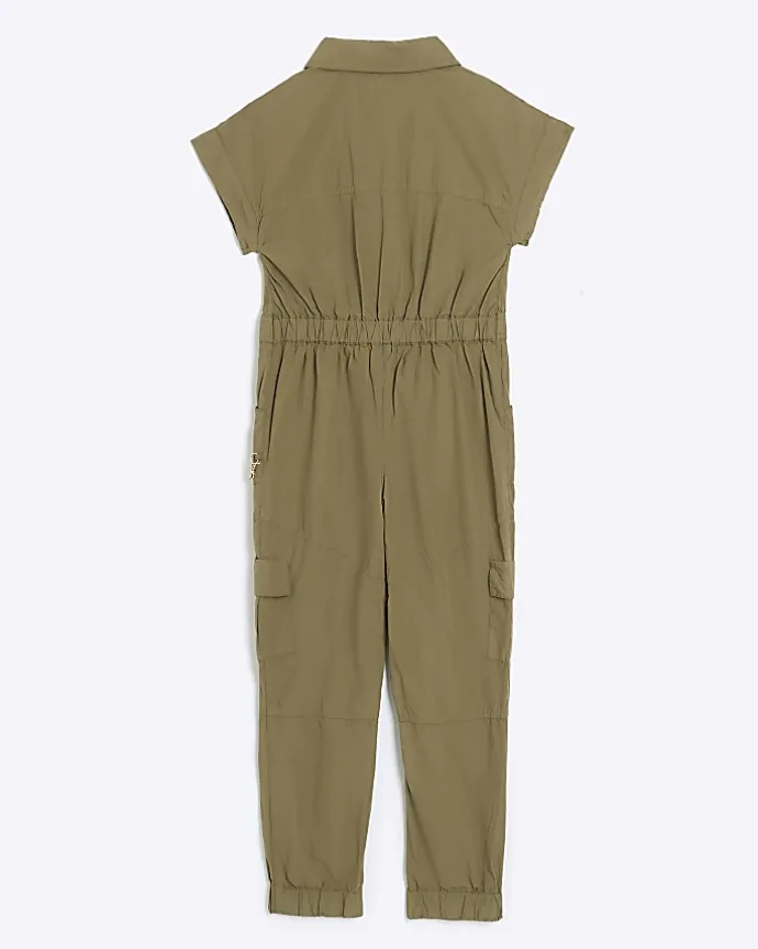 Girls khaki utility jumpsuit