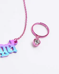Girls pink angel necklace and ring set