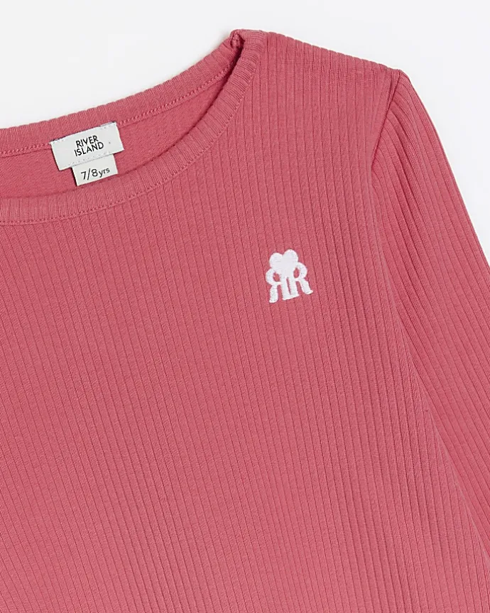 Girls pink long sleeve lettuce hem rib top