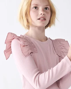 Girls Pink Long Sleeve Rib Frill Bodysuit