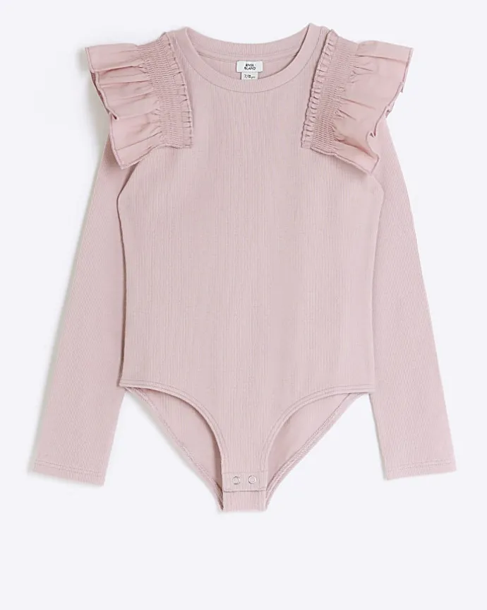 Girls Pink Long Sleeve Rib Frill Bodysuit