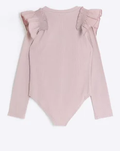 Girls Pink Long Sleeve Rib Frill Bodysuit
