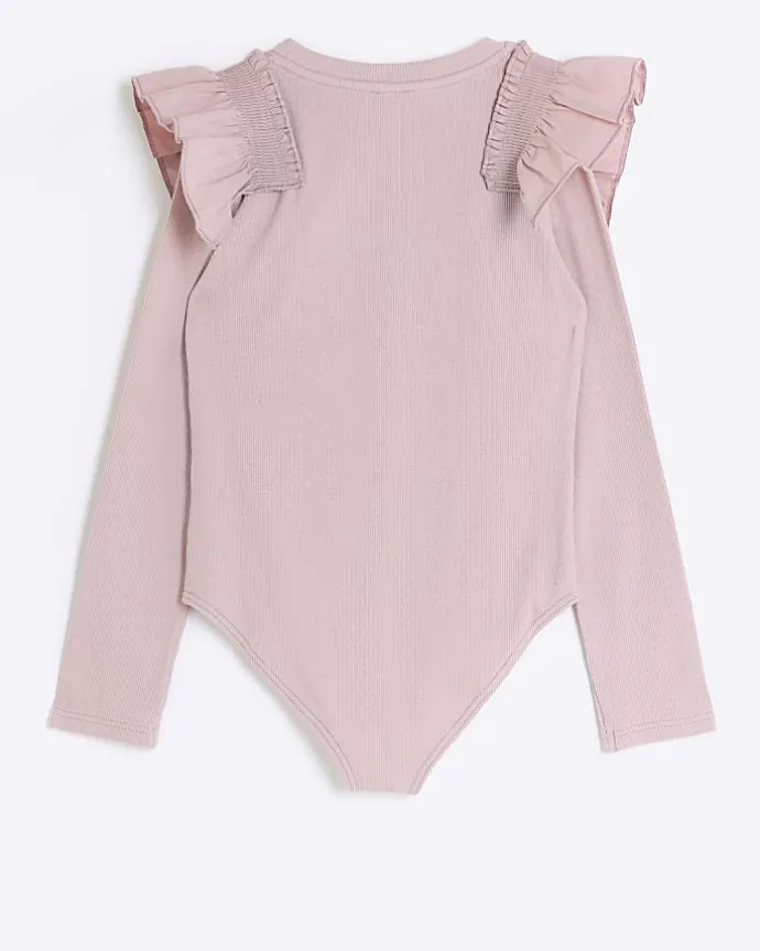 Girls Pink Long Sleeve Rib Frill Bodysuit