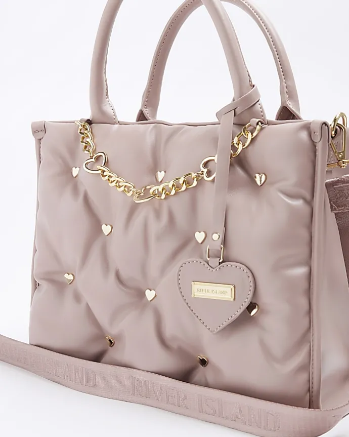 Girls pink Pu heart stud shopper bag