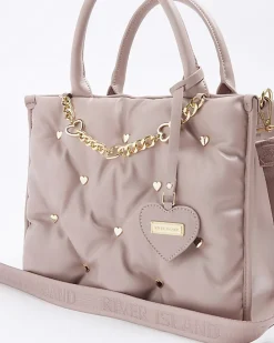 Girls pink Pu heart stud shopper bag