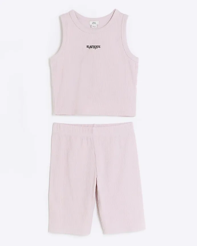 Girls pink rib tank top and shorts set