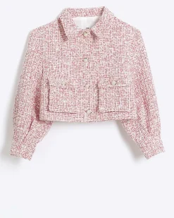 Girls Red Boucle Crop Jacket