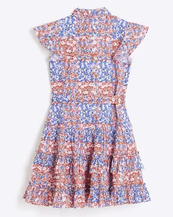 Girls red floral belted shirt dress