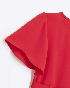 Girls red short sleeve belted playsuit