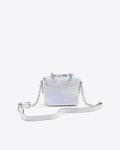 Girls silver iridescent chain cross body bag