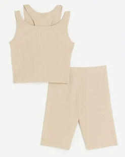 Girls stone rib double strap tank top set