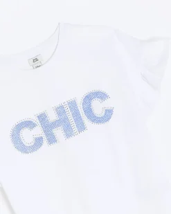 Girls white diamante frill t-shirt