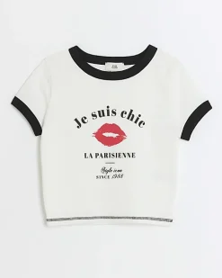 Girls white lips graphic crop t-shirt
