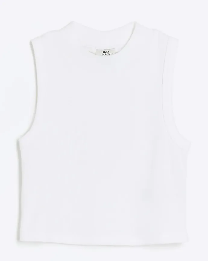 Girls white rib high neck tank top
