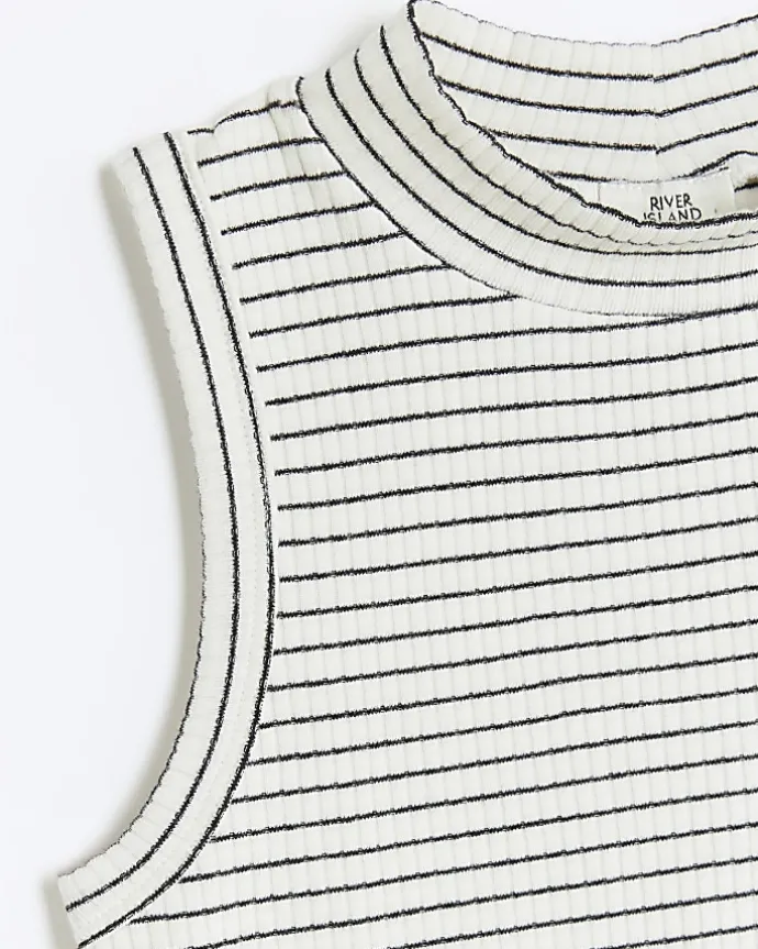 Girls white rib stripe high neck tank top