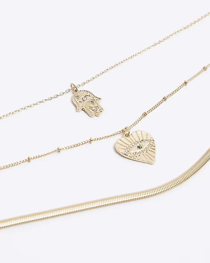 Gold heart and hand multirow necklace