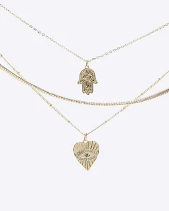 Gold heart and hand multirow necklace