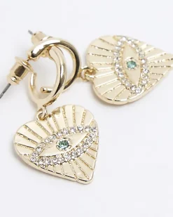 Gold heart diamante eye hoop earrings