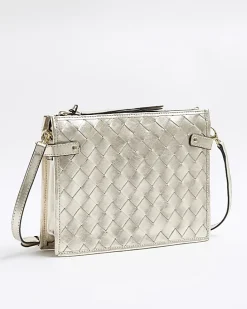 Gold leather weave cross body bag