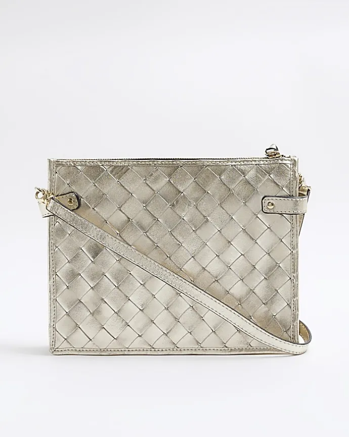 Gold leather weave cross body bag