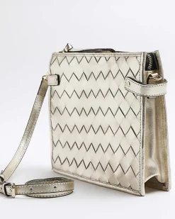 Gold leather weave cross body bag