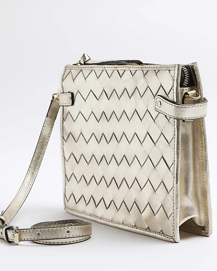 Gold leather weave cross body bag