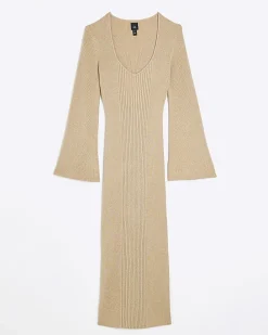 Gold long sleeve jumper midi dress
