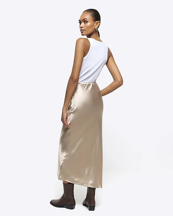 Gold satin midi skirt