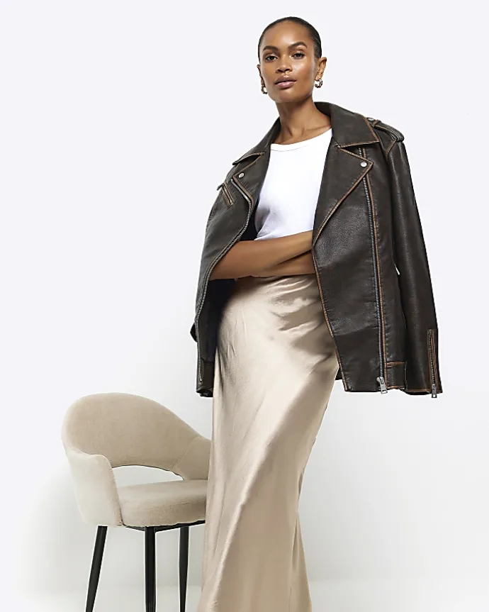 Gold satin midi skirt