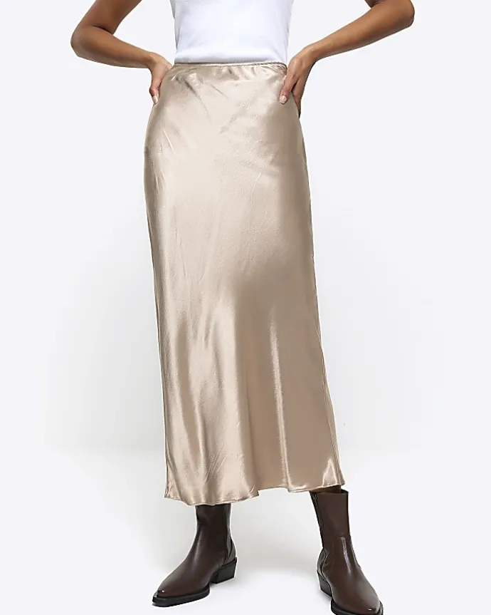 Gold satin midi skirt