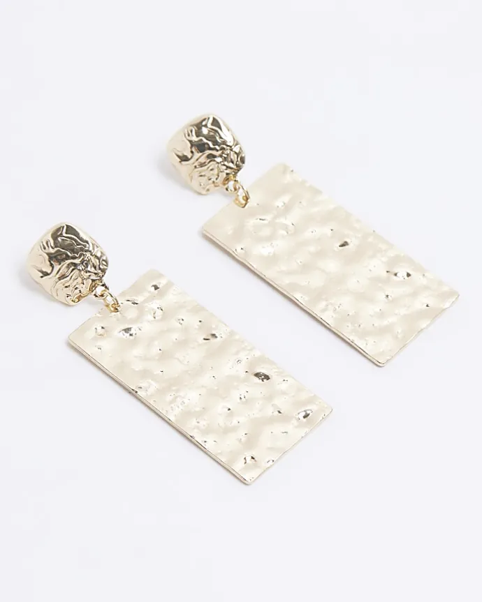 Gold Textured Tag Drop Earrings