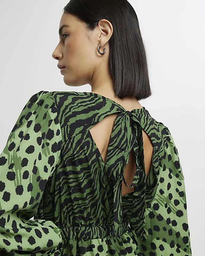 Green animal print swing midi dress
