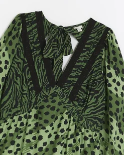Green animal print swing midi dress